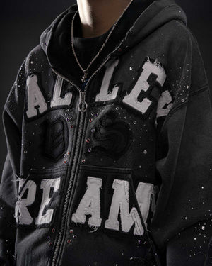 Vale Forever Classico Zip Up Hoodie black, close-up of white distressed Valley Dreams felt letters and colorful rhinestones, detail