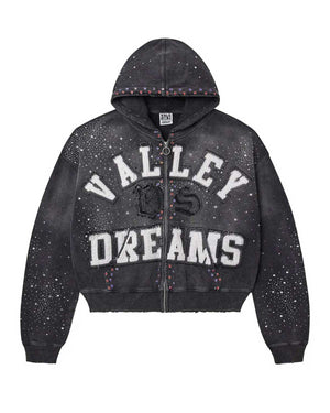 Vale Forever Classico Zip Up Hoodie black, white varsity Valley Dreams appliqué, VS monogram and rhinestone-trimmed hood on washed black, front view