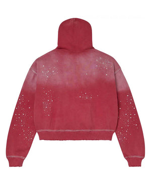 Vale Forever Classico Zip Up Hoodie ruby red, faded red back with rhinestone clusters and no lettering, back view