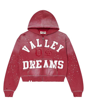 Vale Forever Classico Zip Up Hoodie ruby red, white chenille Valley Dreams varsity lettering with VDS monogram and rhinestone scatter, front view