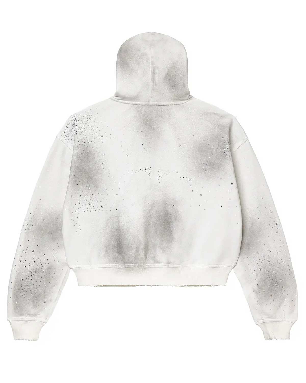 Vale Forever Classico full-zip hoodie in white, plain back with grey airbrush shading and rhinestone scatter, back view