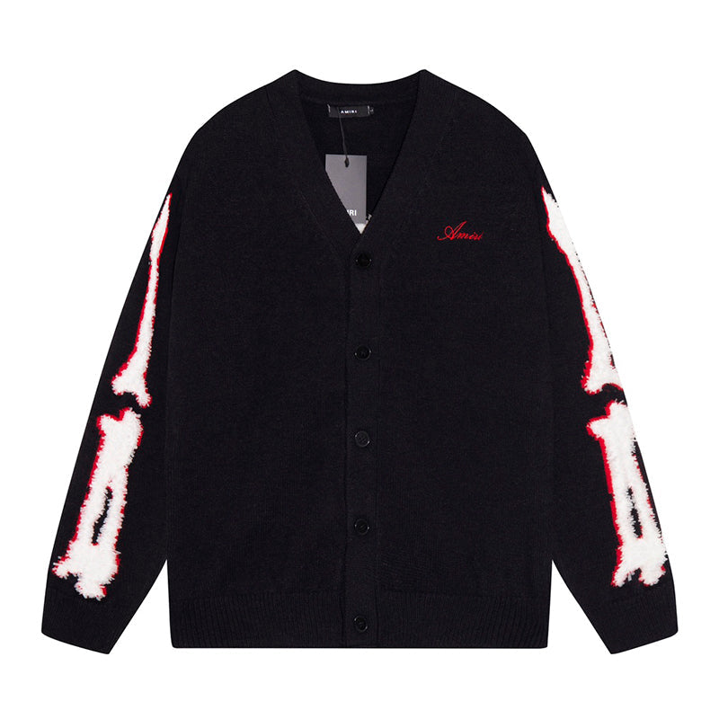 AMIRI Cotton V-Neck Bones Cardigan Sweater Black