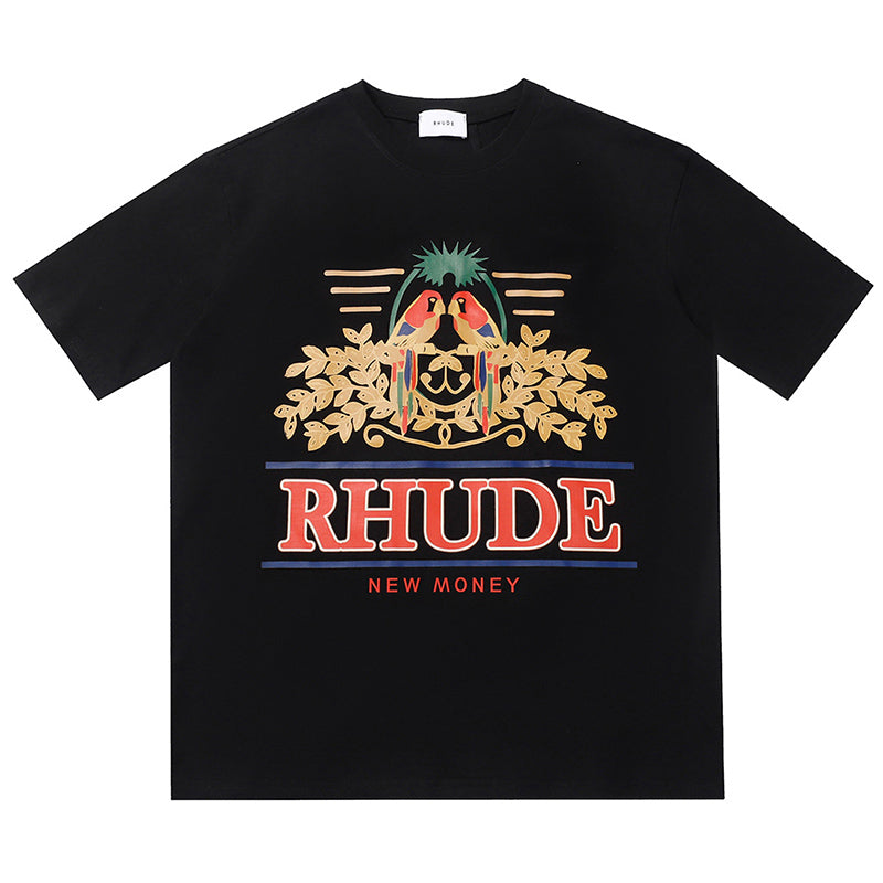 RHUDE Summer Macaw Flower Slogan Short Sleeve T-Shirt