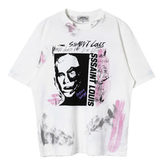 Saint Michael Pure Cotton Printed Tie Dyed Graffiti Ragged T-Shirt