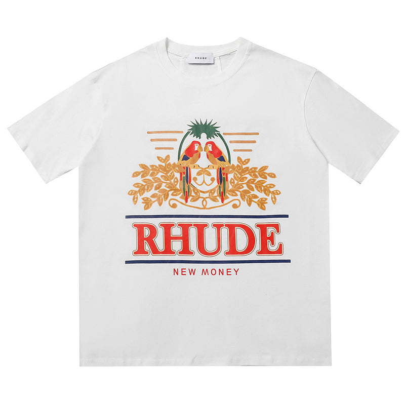RHUDE Summer Macaw Flower Slogan Short Sleeve T-Shirt
