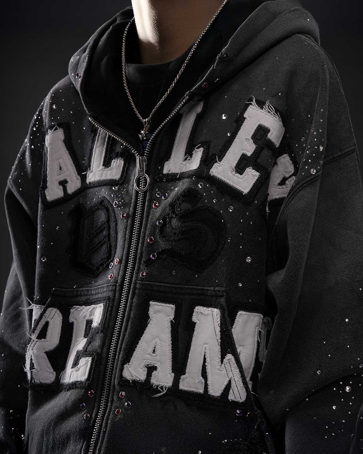 Vale Forever Classico Zip Up Hoodie black, close-up of white distressed Valley Dreams felt letters and colorful rhinestones, detail