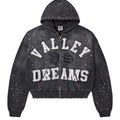Vale Forever Classico Zip Up Hoodie black, white varsity Valley Dreams appliqué, VS monogram and rhinestone-trimmed hood on washed black, front view