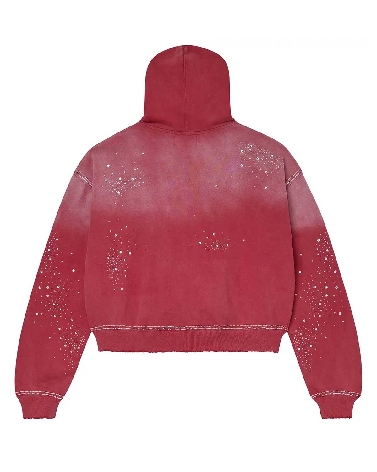 Vale Forever Classico Zip Up Hoodie ruby red, faded red back with rhinestone clusters and no lettering, back view