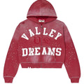 Vale Forever Classico Zip Up Hoodie ruby red, white chenille Valley Dreams varsity lettering with VDS monogram and rhinestone scatter, front view