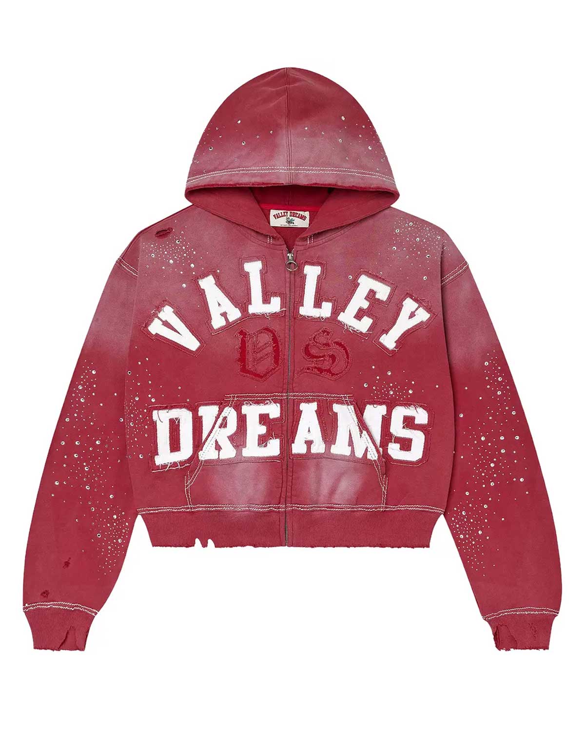 Vale Forever Classico Zip Up Hoodie ruby red, white chenille Valley Dreams varsity lettering with VDS monogram and rhinestone scatter, front view