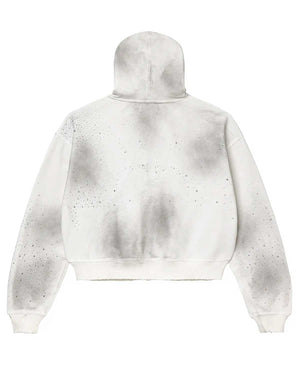 Vale Forever Classico full-zip hoodie in white, plain back with grey airbrush shading and rhinestone scatter, back view