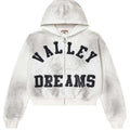 Vale Forever Classico full-zip hoodie in white, bold arched ‘Valley Dreams’ varsity patch lettering with rhinestone scatter, front view