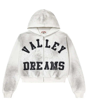 Vale Forever Classico full-zip hoodie in white, bold arched ‘Valley Dreams’ varsity patch lettering with rhinestone scatter, front view
