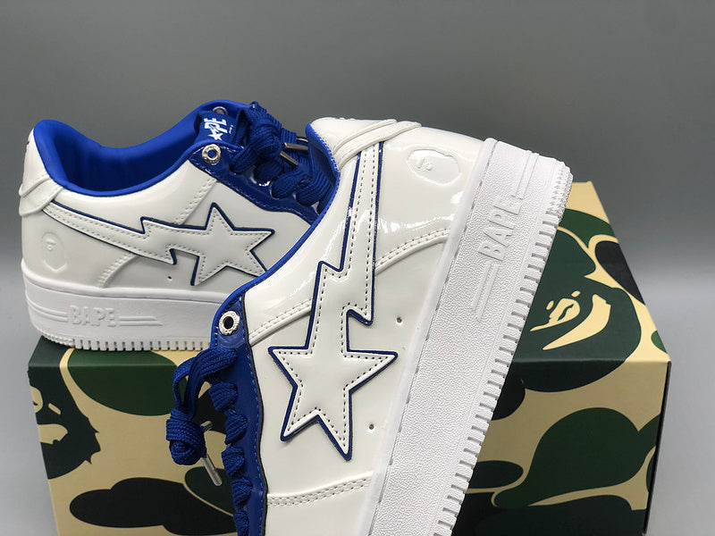 A BATHING APE Bape white & navy patent leather sneakers