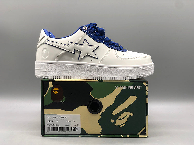 A BATHING APE Bape white & navy patent leather sneakers