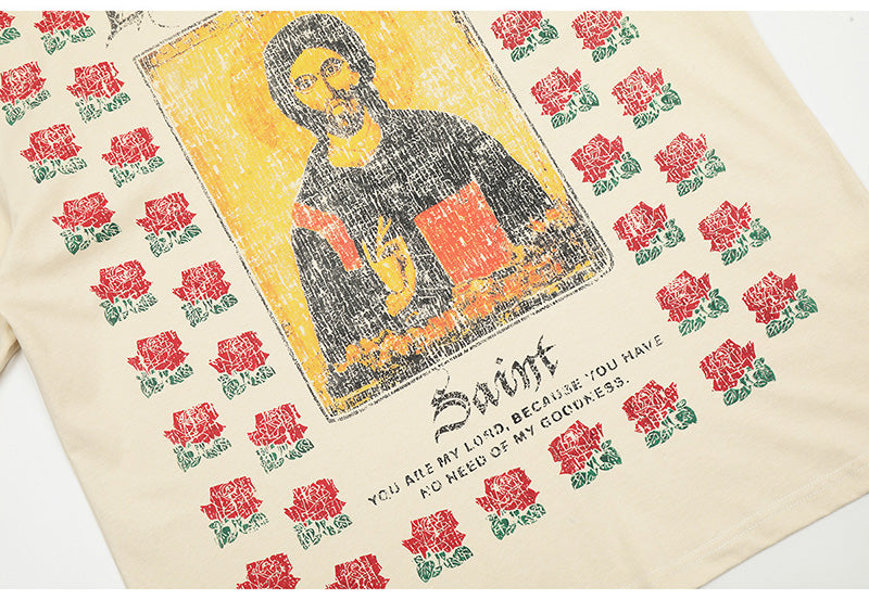 SAINT MICHAEL Rose Sanskrit Distressed Print T-Shirts